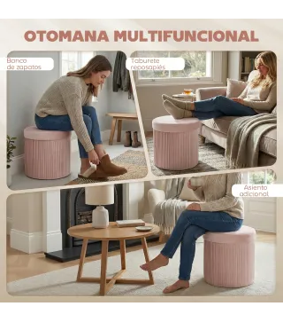 Puff Almacenaje Banco Almacenaje Plegable 35 L 38x38x38 cm Tapizado en Terciopelo Baúl de Almacenamiento Redondo Rosa