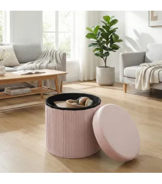Puff Almacenaje Banco Almacenaje Plegable 35 L 38x38x38 cm Tapizado en Terciopelo Baúl de Almacenamiento Redondo Rosa