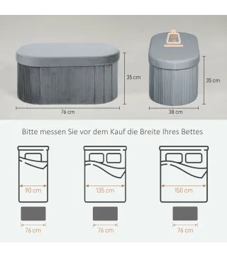 Puff Almacenaje Banco Almacenaje Plegable 72 L 76x38x35 cm Tapizado en Terciopelo Baúl de Almacenamiento Gris Oscuro