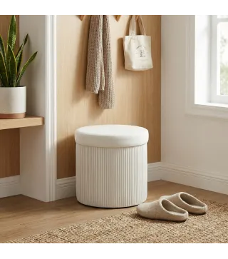 Puff Almacenaje Banco Almacenaje Plegable 35 L 38x38x38 cm Tapizado en Terciopelo Baúl de Almacenamiento Redondo Crema