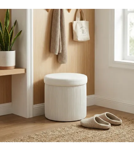 Puff Almacenaje Banco Almacenaje Plegable 35 L 38x38x38 cm Tapizado en Terciopelo Baúl de Almacenamiento Redondo Crema