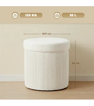 Puff Almacenaje Banco Almacenaje Plegable 35 L 38x38x38 cm Tapizado en Terciopelo Baúl de Almacenamiento Redondo Crema