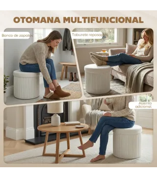 Puff Almacenaje Banco Almacenaje Plegable 35 L 38x38x38 cm Tapizado en Terciopelo Baúl de Almacenamiento Redondo Crema