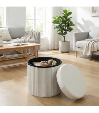 Puff Almacenaje Banco Almacenaje Plegable 35 L 38x38x38 cm Tapizado en Terciopelo Baúl de Almacenamiento Redondo Crema