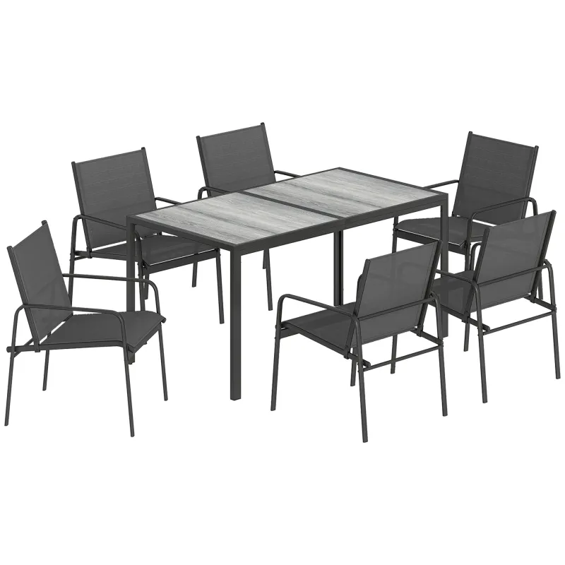 Conjunto de Mesa y Sillas Jardín con Mesa de Efecto Madera y 6 Sillas con Asiento Transpirable para Terraza Patio Negro
