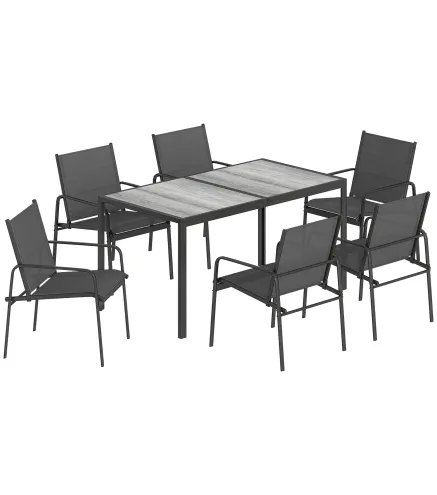 Conjunto de Mesa y 6 Sillas de Jardín con Acabado Efecto Madera, Negro