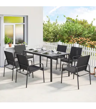 Conjunto de Mesa y Sillas Jardín con Mesa de Efecto Madera y 6 Sillas con Asiento Transpirable para Terraza Patio Negro