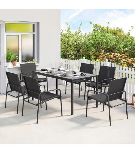 Conjunto de Mesa y Sillas Jardín con Mesa de Efecto Madera y 6 Sillas con Asiento Transpirable para Terraza Patio Negro