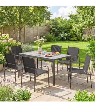 Conjunto de Mesa y 6 Sillas de Jardín con Acabado Efecto Madera, Negro