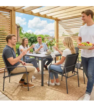 Conjunto de Mesa y 6 Sillas de Jardín con Acabado Efecto Madera, Negro