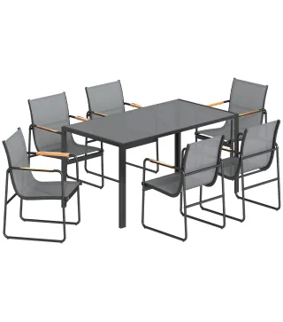 Conjunto de Mesa y 6 Sillas de Jardín con Tablero de Vidrio Templado, Gris