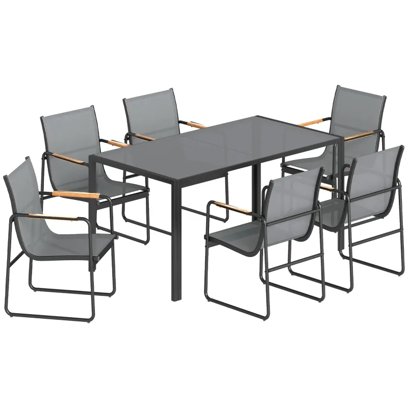 Conjunto de Mesa y Sillas Jardín con Mesa de Vidrio Templado y 6 Sillas Transpirables para Terraza Patio Gris