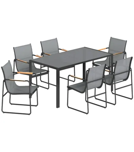 Conjunto de Mesa y 6 Sillas de Jardín con Tablero de Vidrio Templado, Gris