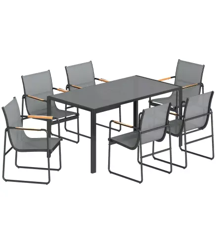 Conjunto de Mesa y 6 Sillas de Jardín con Tablero de Vidrio Templado, Gris