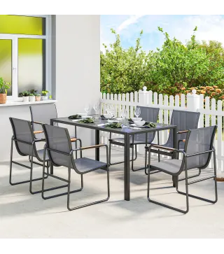 Conjunto de Mesa y Sillas Jardín con Mesa de Vidrio Templado y 6 Sillas Transpirables para Terraza Patio Gris