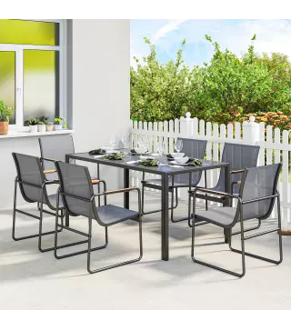 Conjunto de Mesa y Sillas Jardín con Mesa de Vidrio Templado y 6 Sillas Transpirables para Terraza Patio Gris