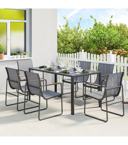 Conjunto de Mesa y Sillas Jardín con Mesa de Vidrio Templado y 6 Sillas Transpirables para Terraza Patio Gris