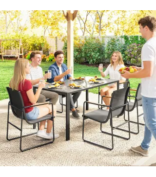 Conjunto de Mesa y 6 Sillas de Jardín con Tablero de Vidrio Templado, Gris