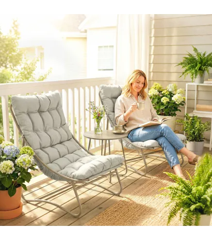 Conjunto de Jardín de 3 Piezas con 2 Sillas Lounge Mesa de Café y Cojines para Exterior Patio Balcón Gris Claro