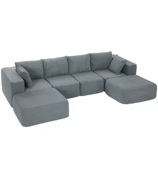 Sofá Seccional en Forma de U Sofá Modular con 2 Taburetes 2 Almohadas Reposabrazos Anchos sin Montaje Gris