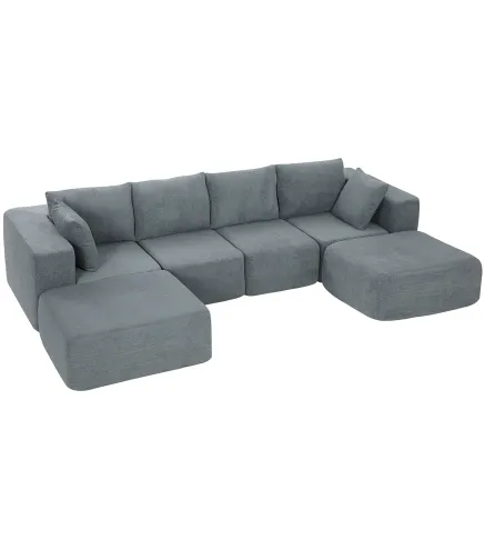 Sofá Seccional en Forma de U Sofá Modular con 2 Taburetes 2 Almohadas Reposabrazos Anchos sin Montaje Gris