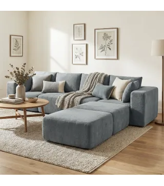 Sofá Seccional en Forma de U Sofá Modular con 2 Taburetes 2 Almohadas Reposabrazos Anchos sin Montaje Gris