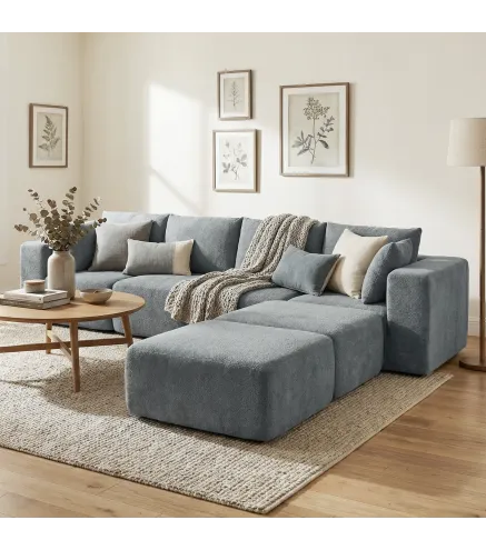 Sofá Seccional en Forma de U Sofá Modular con 2 Taburetes 2 Almohadas Reposabrazos Anchos sin Montaje Gris