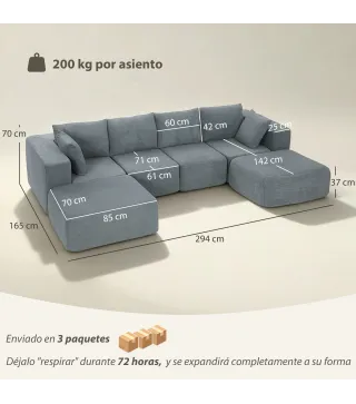 Sofá Seccional en Forma de U Sofá Modular con 2 Taburetes 2 Almohadas Reposabrazos Anchos sin Montaje Gris