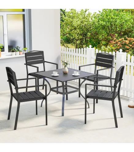 Juego de 4 Sillas de Jardín Exterior Apilables con Reposabrazos Respaldo y Asiento Marco Metálico 52x51x90 cm Negro