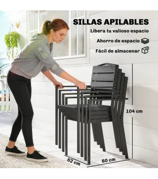 Juego de 4 Sillas de Jardín Apilables con Reposabrazos, 52x51x90 cm, Negro