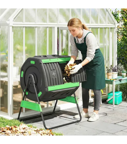 Compostador Giratorio 200L con Sistema de Ventilación y Base de Metal para Compostaje de Residuos Orgánicos Verde