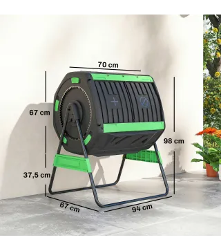 Compostador Giratorio 200L con Sistema de Ventilación y Base de Metal para Compostaje de Residuos Orgánicos Verde