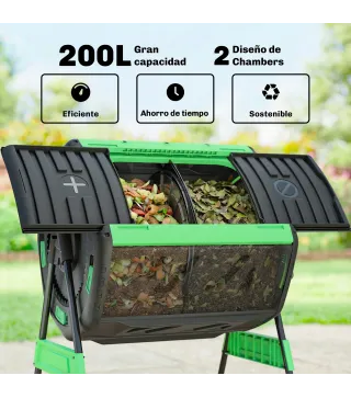 Compostador Giratorio 200L con Sistema de Ventilación y Base de Metal para Compostaje de Residuos Orgánicos Verde
