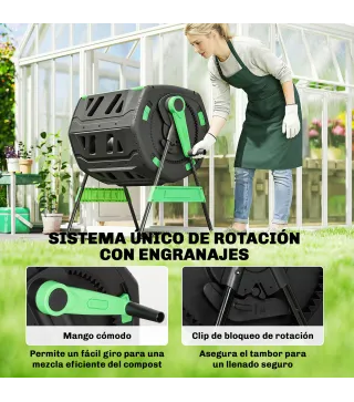 Compostador Giratorio 200L con Sistema de Ventilación y Base de Metal para Compostaje de Residuos Orgánicos Verde