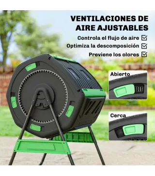 Compostador Giratorio 200L con Sistema de Ventilación y Base de Metal para Compostaje de Residuos Orgánicos Verde