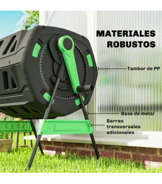Compostador Giratorio 200L con Sistema de Ventilación y Base de Metal para Compostaje de Residuos Orgánicos Verde