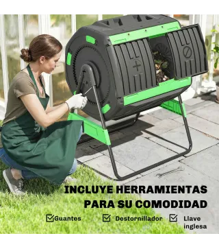 Compostador Giratorio 200L con Sistema de Ventilación y Base de Metal para Compostaje de Residuos Orgánicos Verde