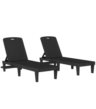 Conjunto de 2 Tumbonas Reclinables de Plástico PP con Bandeja Lateral Respaldo Ajustable 5 Niveles 192x57x28,5 cm Negro