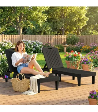 Conjunto de 2 Tumbonas Reclinables de Plástico PP con Bandeja Lateral Respaldo Ajustable 5 Niveles 192x57x28,5 cm Negro