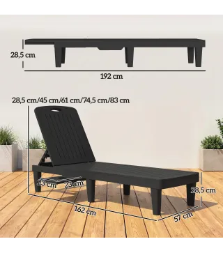 Conjunto de 2 Tumbonas Reclinables de Plástico PP con Bandeja Lateral Respaldo Ajustable 5 Niveles 192x57x28,5 cm Negro