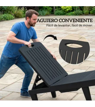 Conjunto de 2 Tumbonas Reclinables de Plástico PP con Bandeja Lateral Respaldo Ajustable 5 Niveles 192x57x28,5 cm Negro