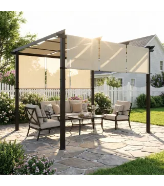 Cenador para Exterior 3x3 m con Techo Deslizante Marco de Acero Impermeable y Anti-UV para Terraza Patio Beige