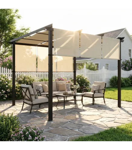 Cenador para Exterior 3x3 m con Techo Deslizante Marco de Acero Impermeable y Anti-UV para Terraza Patio Beige