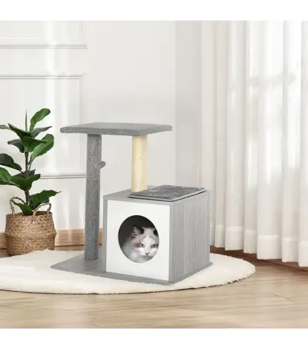 Árbol para Gatos 59x39x62 cm Rascador para Gatos de 3 Niveles con Plataformas Postes de Rascado Cueva de Madera Espaciosa Cojine