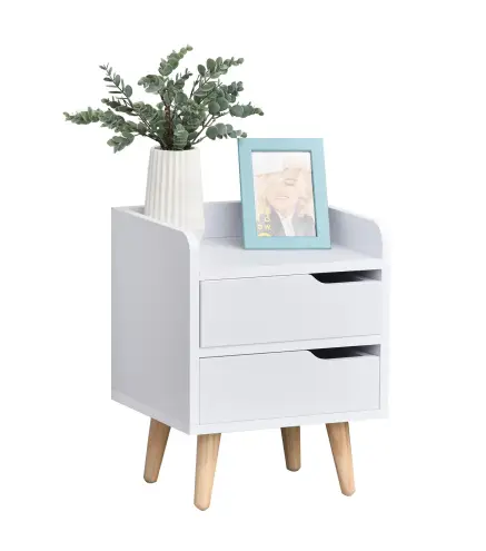 Mesa de Noche Multiusos Mesita Auxiliar para Sala de Estar o Dormitorio con 2 Cajones Espaciosos Patas Elevadas de Pino