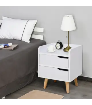 Mesa de Noche Multiusos Mesita Auxiliar para Sala de Estar o Dormitorio con 2 Cajones Espaciosos Patas Elevadas de Pino Diseño M