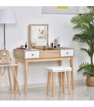 Tocador de Maquillaje con Espejo Abatible 100 cm Mesa de Maquillaje con Taburete Acolchado Cojín Suave Compartimentos y Cajones