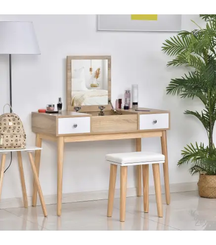 Tocador de Maquillaje con Espejo Abatible 100 cm Mesa de Maquillaje con Taburete Acolchado Cojín Suave Compartimentos y