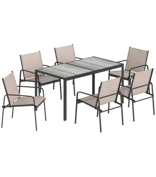 Conjunto de Mesa y Sillas Jardín con Mesa de Efecto Madera y 6 Sillas con Asiento Transpirable para Terraza Patio Caqui