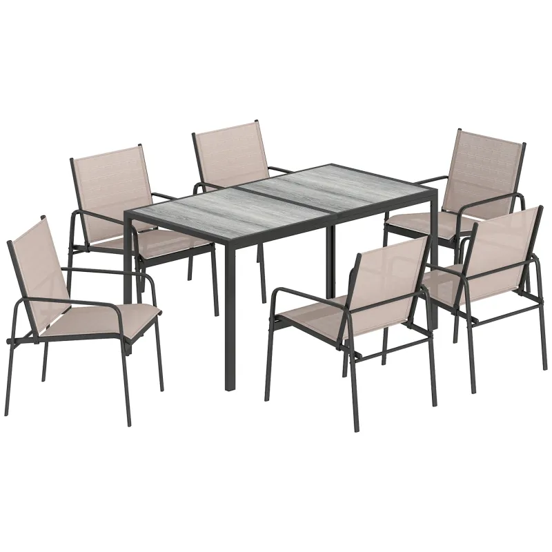 Conjunto de Mesa y Sillas Jardín con Mesa de Efecto Madera y 6 Sillas con Asiento Transpirable para Terraza Patio Caqui